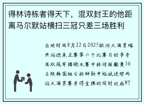 得林诗栋者得天下，混双封王的他距离马尔默站横扫三冠只差三场胜利